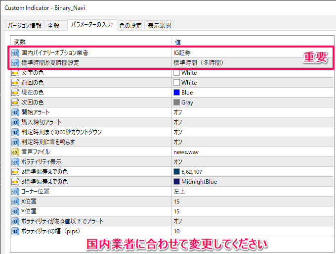 バイナリー・ナビのパラメーター