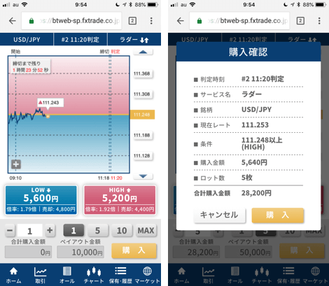 クイックデモの取引画面