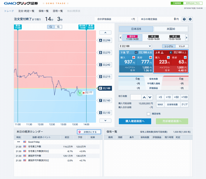 GMOクリック証券株価指数のバイナリーオプションの取引画面（デモ）