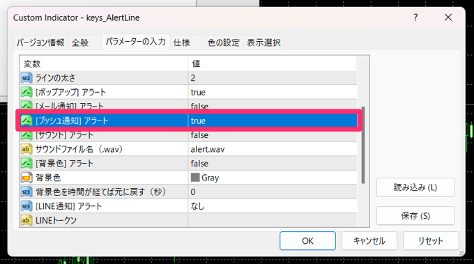 インジケーターのアラート設定