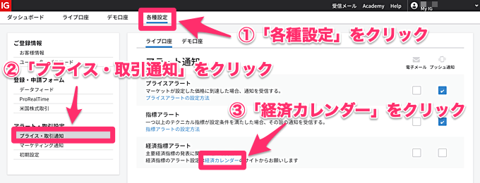 経済指標アラートの設定方法