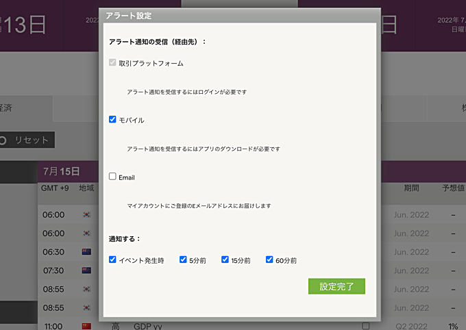 経済指標アラートの設定方法