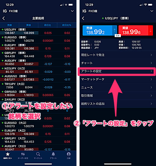 IG証券のスマホでのアラート設定方法は？