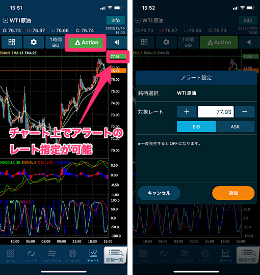 【通知機能】レート到達や相場急変を知らせるプッシュ通知が便利！