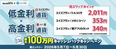 [スイスフラン×高金利通貨 最大100万円キャッシュバック]