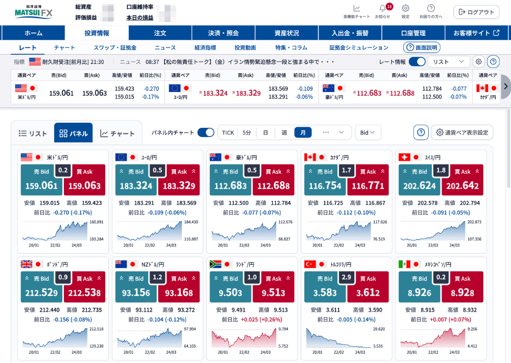 ウェブブラウザ取引画面
