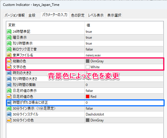 日本時間のパラメーター設定