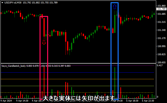 大きなローソク足の実体には矢印