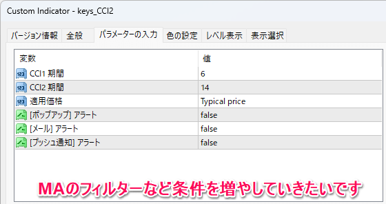 2本のCCIのパラメーター