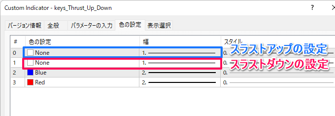 スラストアップとスラストダウンのパラメーター設定