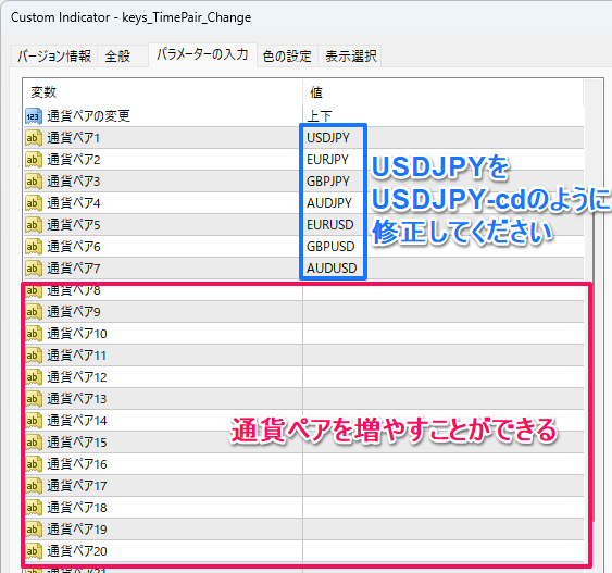 通貨ペアのパラメーターの設定