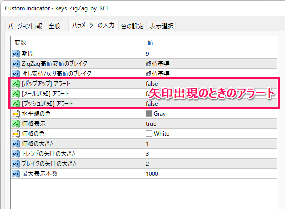 矢印出現でアラート