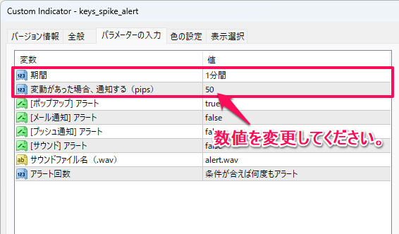 fxnav_spike_alert.ex5のパラメーター設定