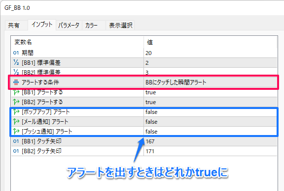 アラートなどのパラメター設定