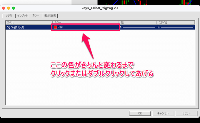 エリオット波動インジ修正の黄色を変更