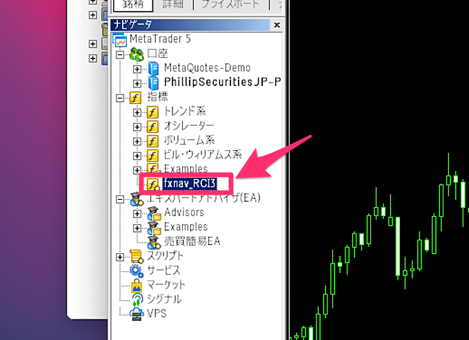 MT5のツール上でインジケーターを確認