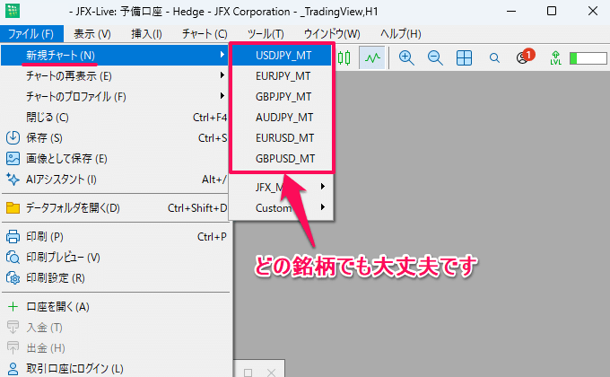 「ファイル」→「新規チャート」から新しいチャート