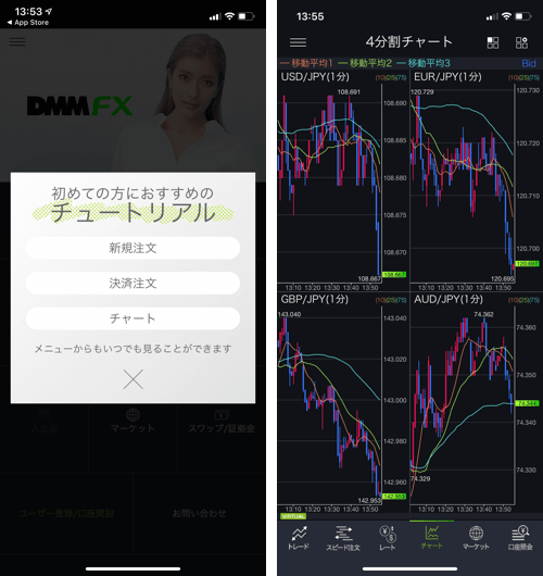 DMM.com証券「DMMFX（デモ版）」の取引画面