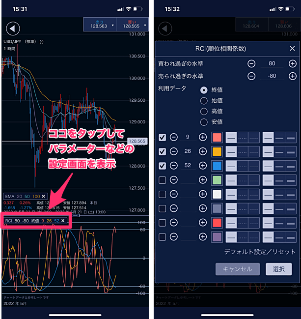 IG証券のFXスマホアプリのRCI