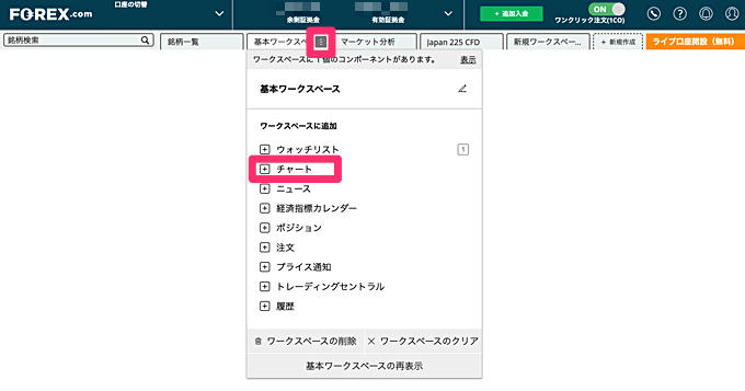 日経225CFDチャートの表示手順（自社ツールの場合）