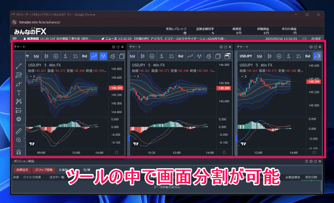 ツール内で画面分割（みんなのFX、外為どっとコムなど）