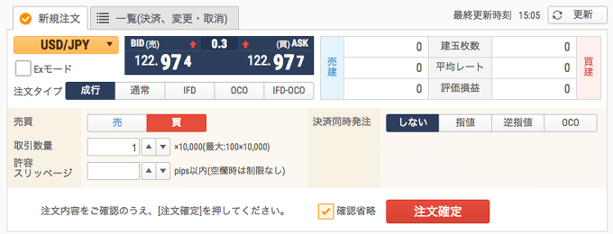 新FXネオのブラウザ取引画面での新規注文