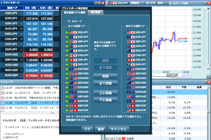 プライスボードの表示通貨ペア設定