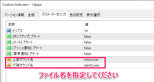 10pipsインジケーターのパラメーター設定