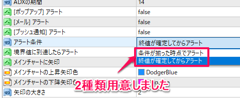 終値が確定してからアラートと条件が揃った時点でアラート